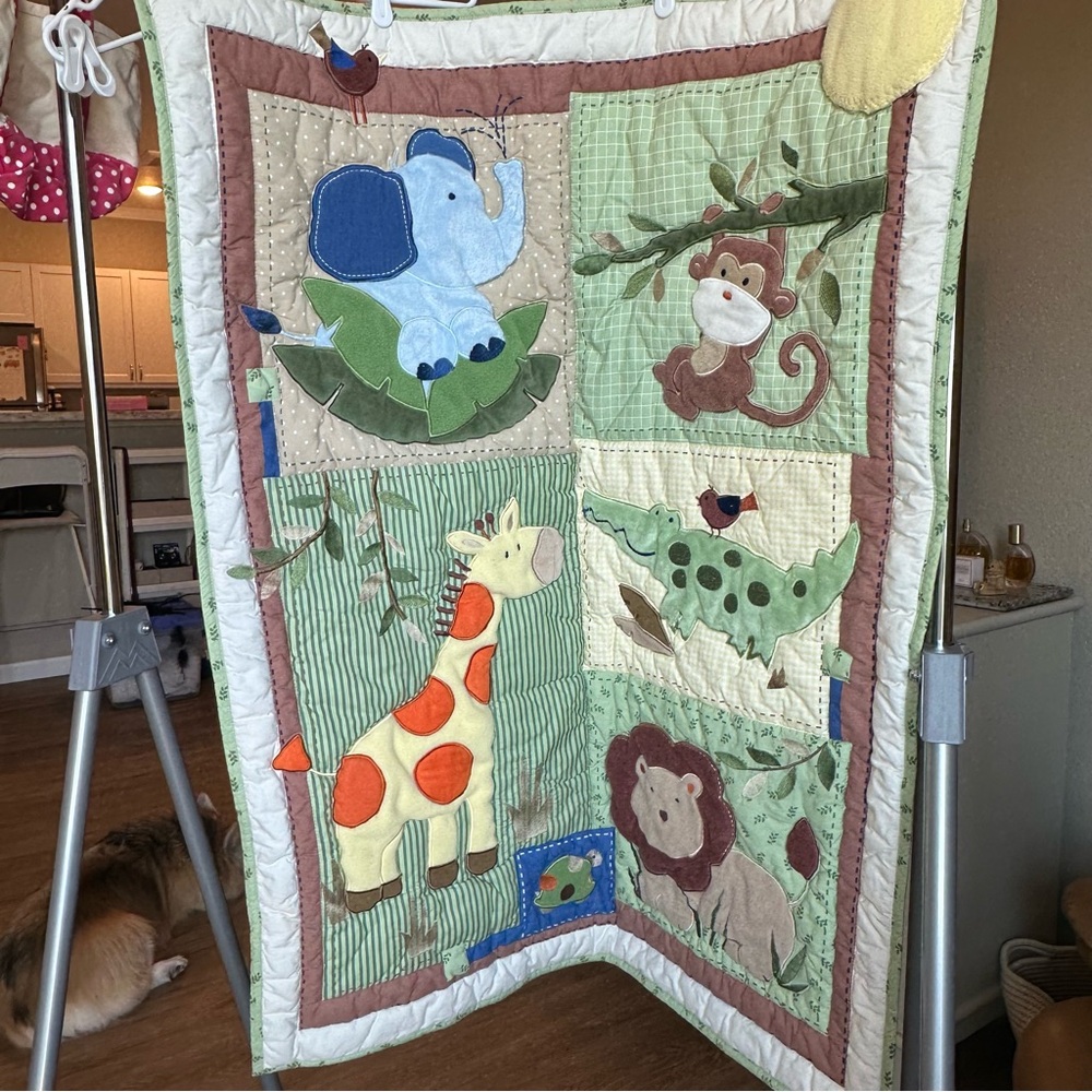Animal Jungle Themed Baby Quilt with Elephant and Giraffe Alligator Monkey Lion - Picture 4 of 4